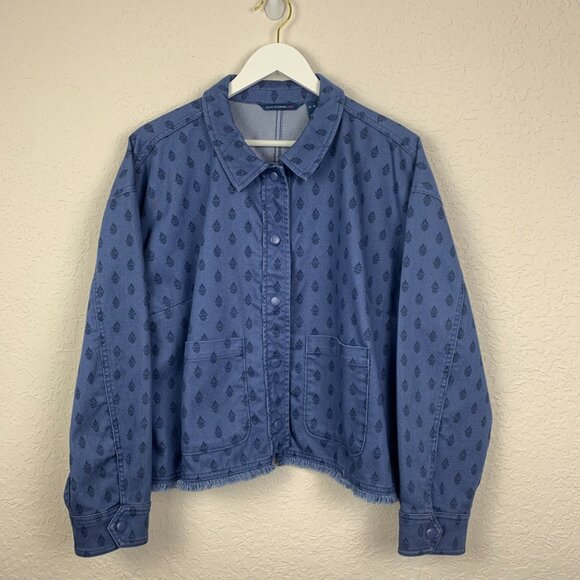 Isaac Mizrahi Jacket Womens XL Blue Denim Printed Fringed Hem Cropped Pockets - Picture 2 of 11